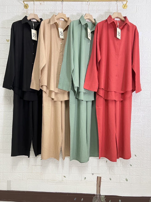 Linen Collar Down Long Sleeves Co-Ord Sets
